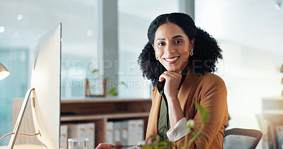 Portrait of happy woman at computer with smile, confidence and career in administration at digital agency. Internet, desk and businesswoman at tech startup with creative job for professional business