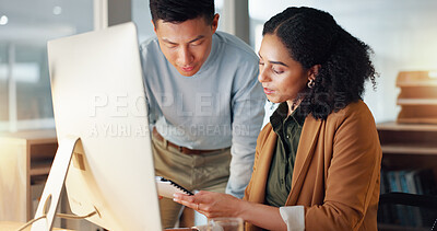 Business people, documents and coaching in schedule planning, project or strategy together at office. Man giving paperwork to woman for review, plan or tasks on computer in team research at workplace