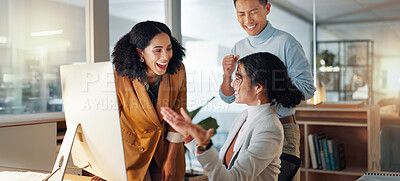 Business, team and high five for news of success in office with collaboration or support for sales achievement. Employees, winning and celebration together for feedback on project goals or target