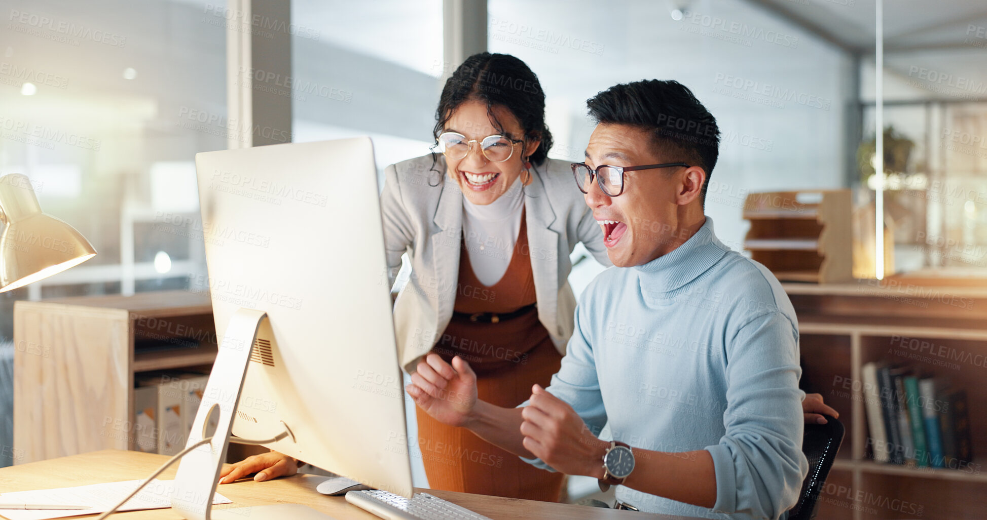 Buy stock photo Wow, happy and business people with success in teamwork, collaboration or support for achievement in office. Employees, winning and celebration together for feedback on project goals or target