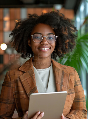 Buy stock photo Woman, tablet and business portrait in an office for management, entrepreneur and corporate planning. Confident, female executive standing alone for portrait, strategy and leadership in workplace