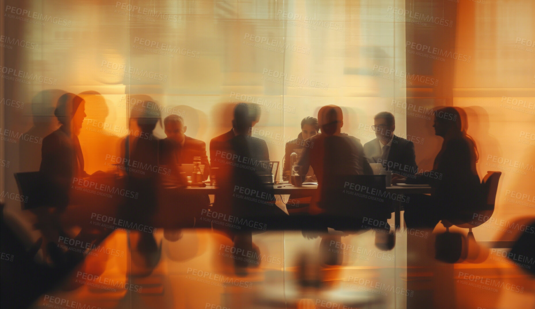 Buy stock photo Corporate, boardroom and business group meeting in an office for partnership planning, discussion and marketing strategy People, silhouette and sunrise background for brainstorming and collaboration