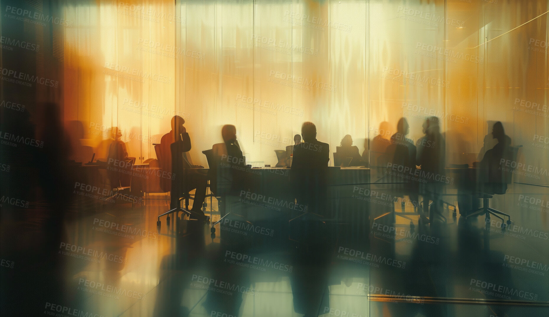 Buy stock photo Corporate, boardroom and business group meeting in an office for partnership planning, discussion and marketing strategy People, silhouette and sunrise background for brainstorming and collaboration