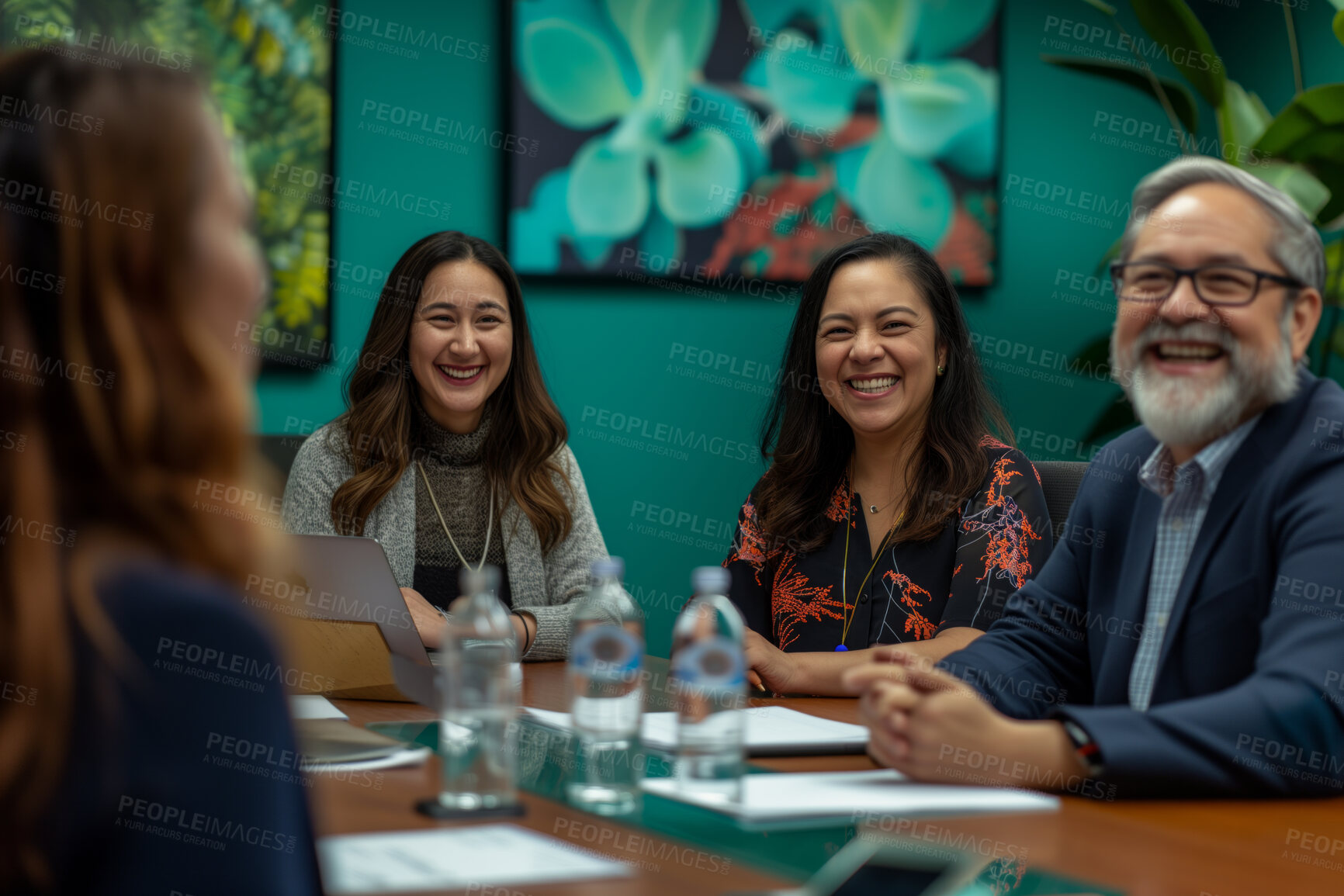 Buy stock photo Group, boardroom and business people in an office for collaboration, teamwork and corporate meeting. Confident, empowerment and diverse staff sitting together for support and leadership in workplace