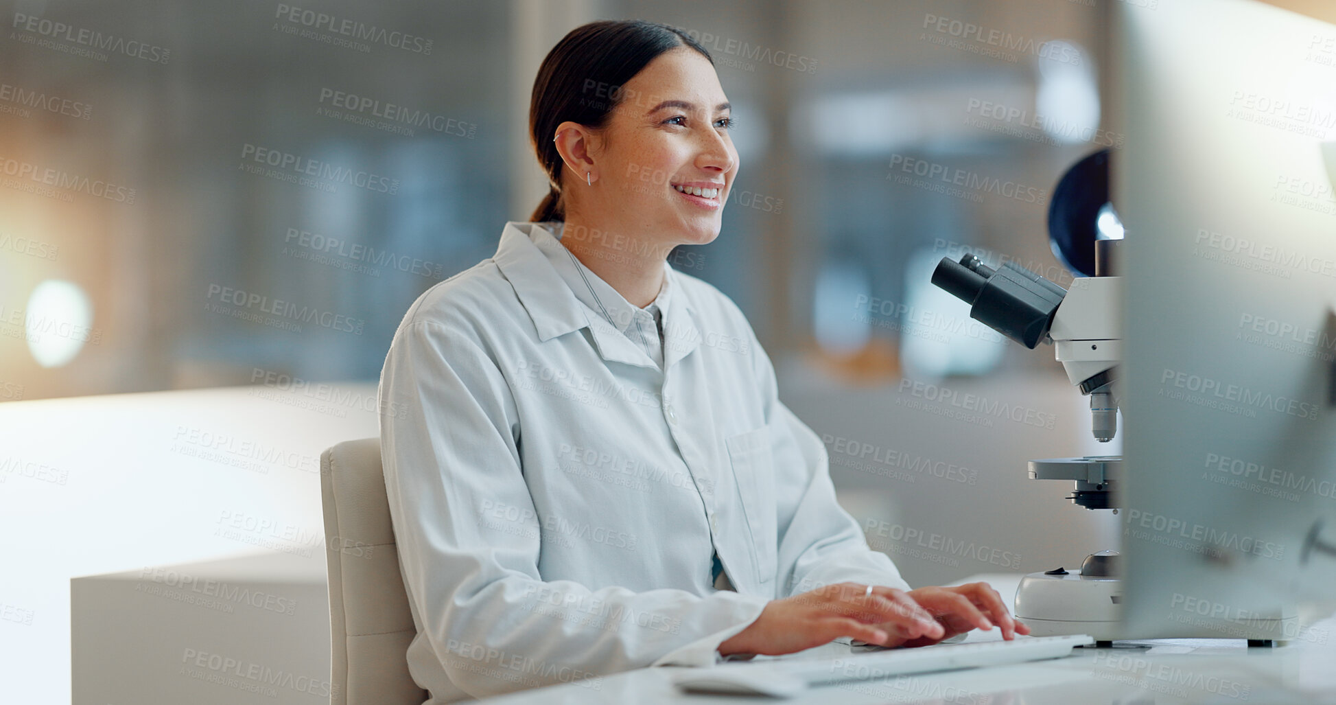 Buy stock photo Science, research and happy woman with computer, typing and biotech data report in laboratory. Medical innovation, scientist or lab technician in study in healthcare, medicine or online test feedback