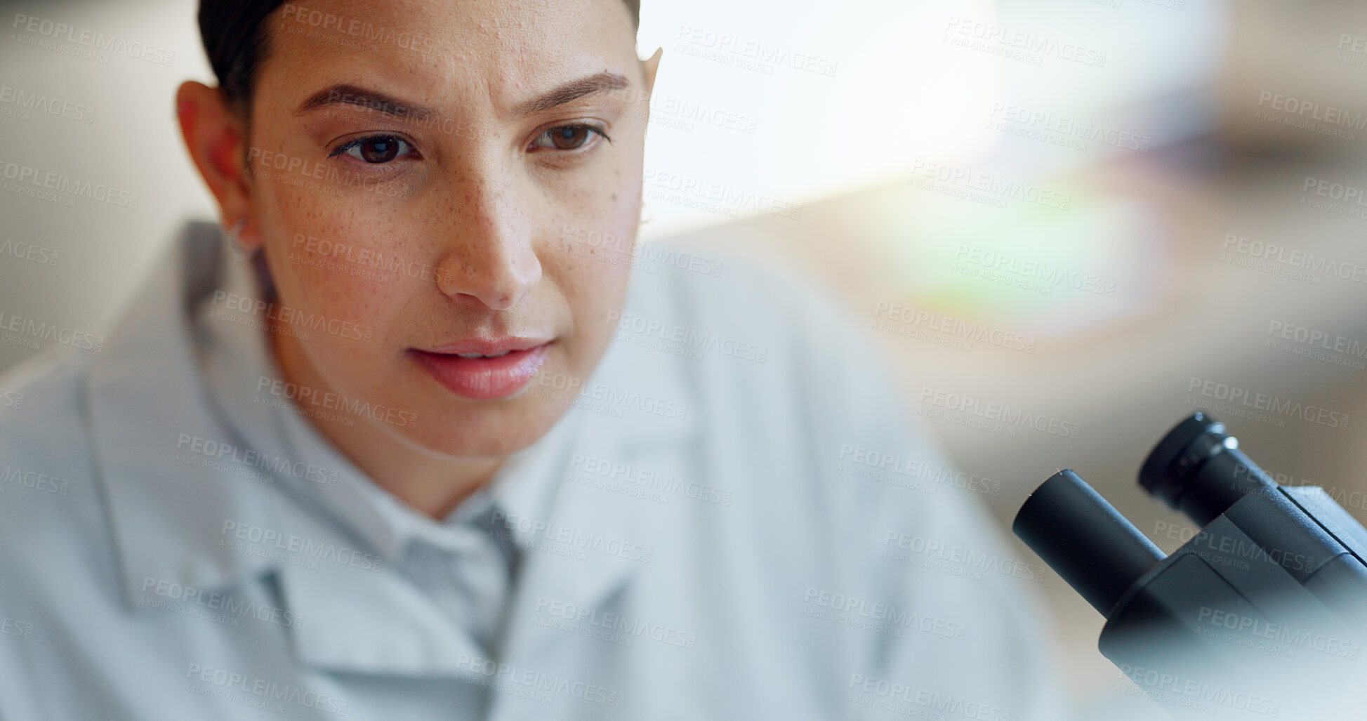 Buy stock photo Science, research and woman with microscope, info and data report in laboratory. Medical innovation, scientist or lab technician in study for healthcare, medicine and vaccine test results feedback.