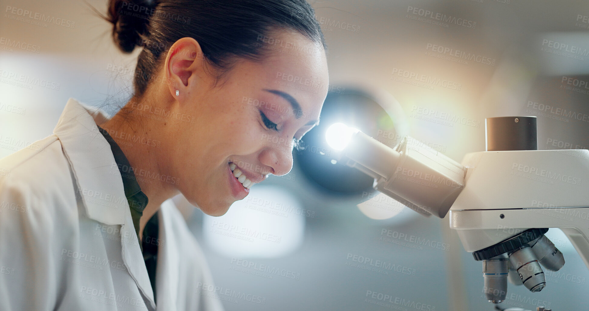 Buy stock photo Laboratory, research and happy woman with microscope, future technology and biotech data in science. Medical innovation, scientist or lab technician in study for healthcare, medicine and vaccine test