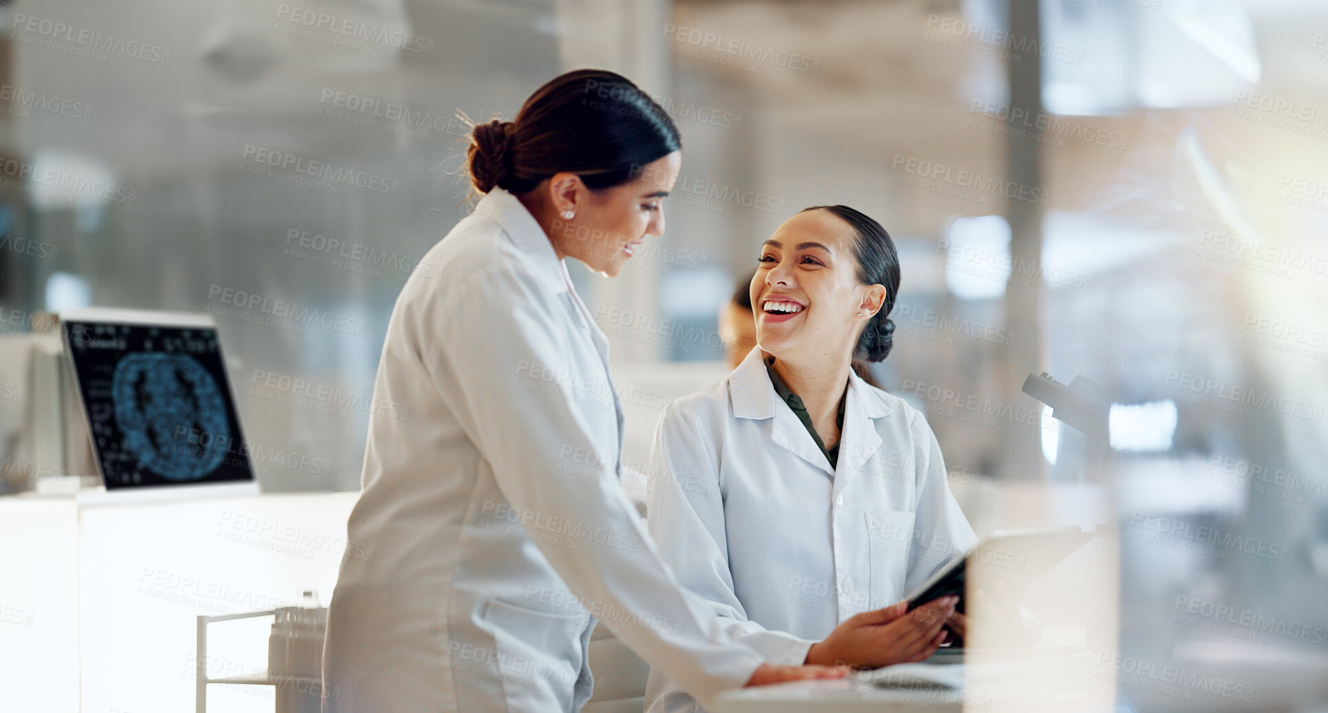 Buy stock photo Scientist, women and teamwork on tablet and computer for laboratory advice, medical research and night planning. Students, science people or mentor on digital technology of test results or comparison