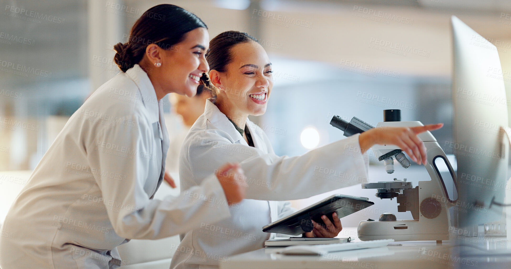 Buy stock photo Teamwork, scientist or women celebrate for success, medicine breakthrough or partnership in lab. Science, collaboration or happy doctors celebrate medical support, goal target or DNA news with smile