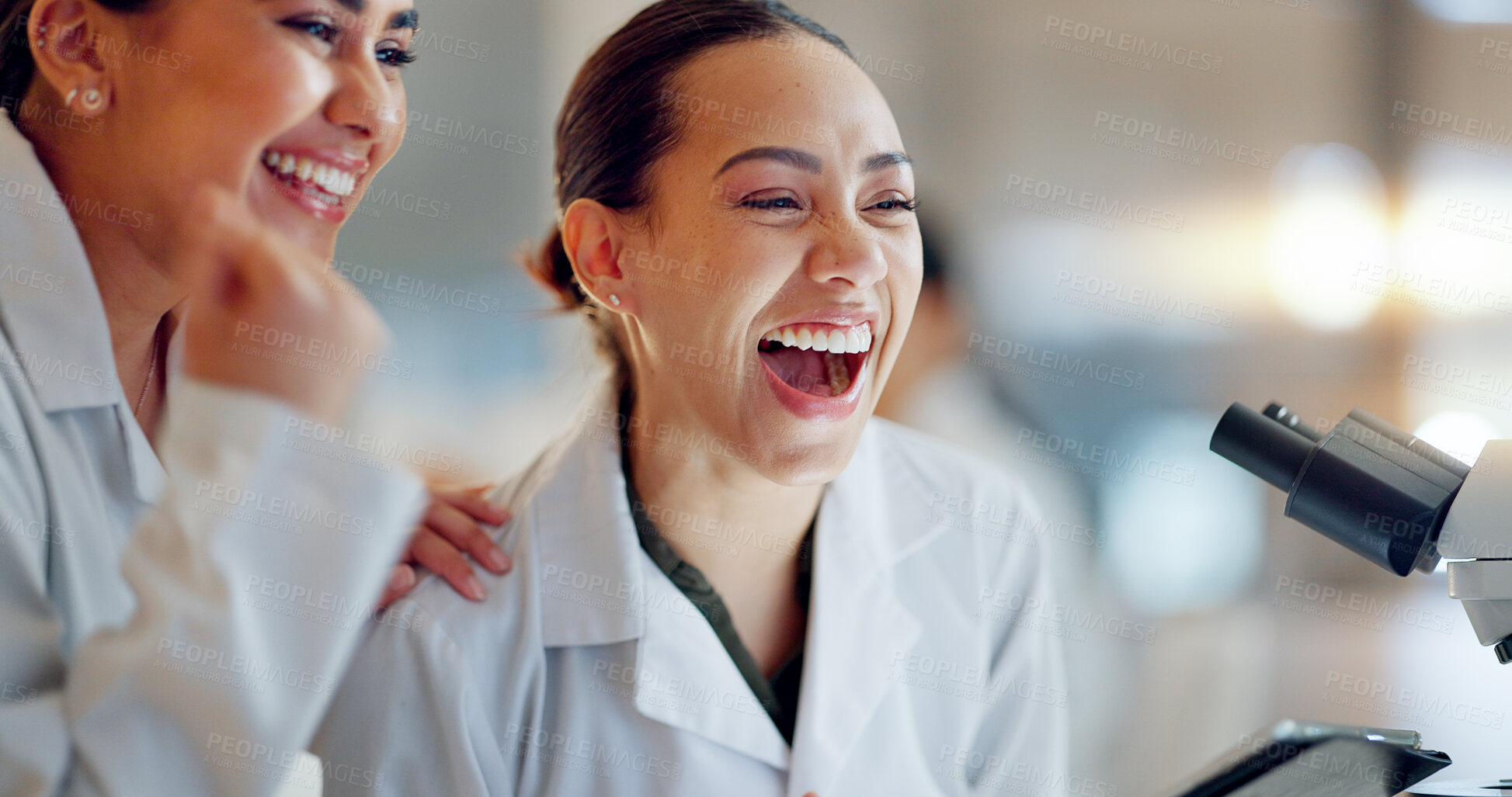 Buy stock photo Teamwork, scientist or women celebrate for success, medicine breakthrough or partnership in lab. Science, collaboration or happy doctors celebrate medical support, goal target or DNA news with smile