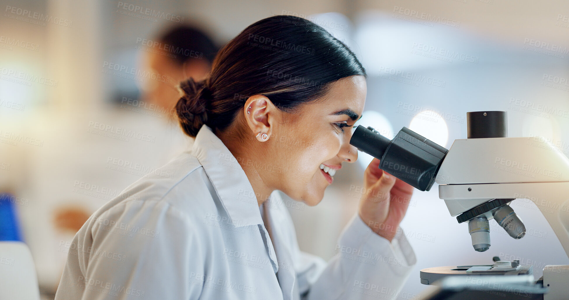 Buy stock photo Science, research and happy woman with microscope, technology or biotech data in laboratory. Medical innovation, scientist or lab technician in study in healthcare, medicine or pharmaceutical future