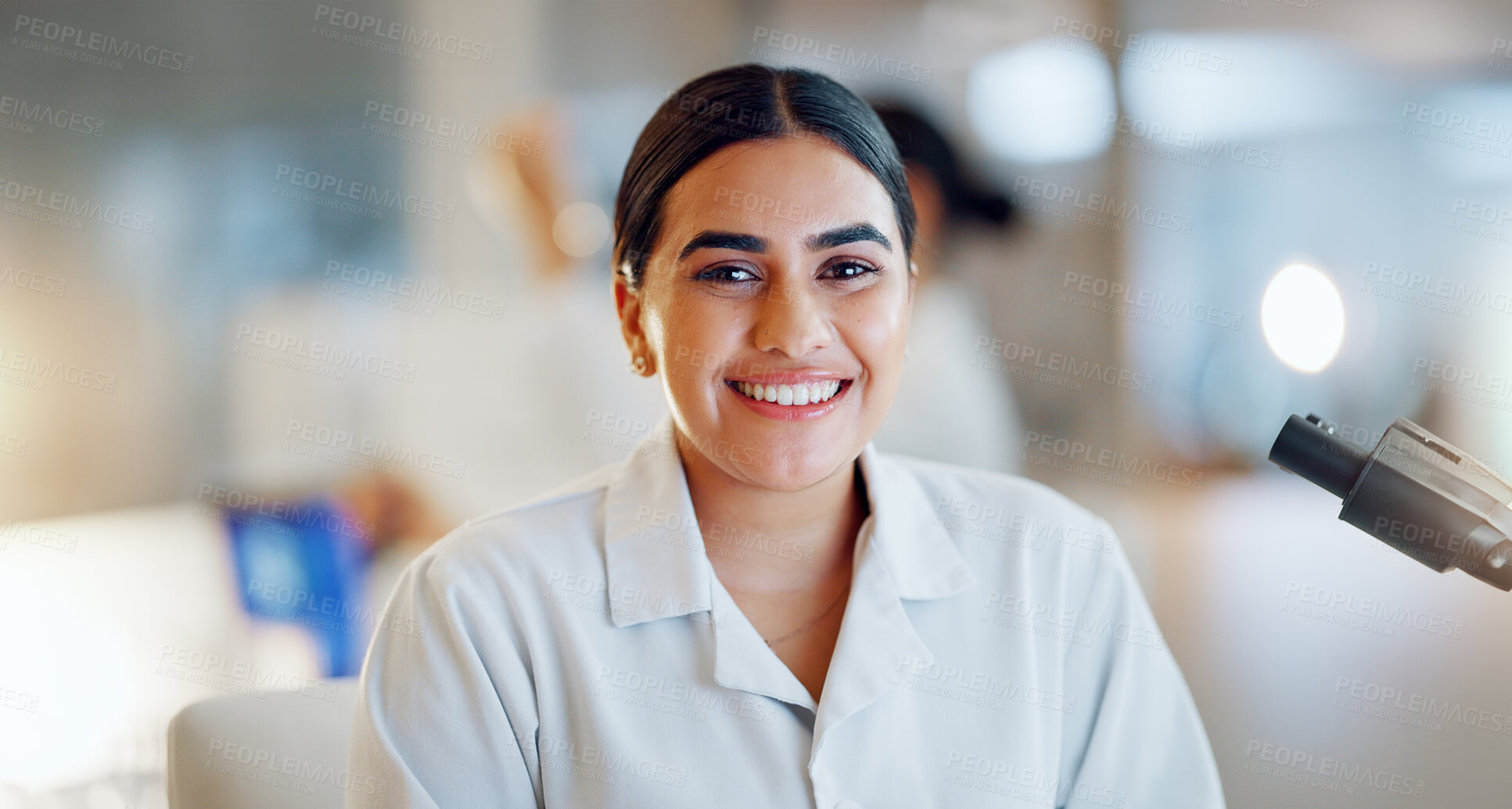 Buy stock photo Scientist, woman and tablet, microscope or laboratory research for DNA analysis and happy with medical study. Student or science expert in biotechnology with digital software and lens check for data