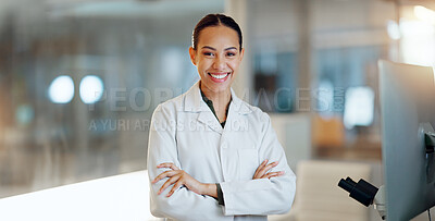 Lab woman, arms crossed and scientist smile for job experience, medical research or pharma investigation. Portrait, laboratory study or professional person working on healthcare science development