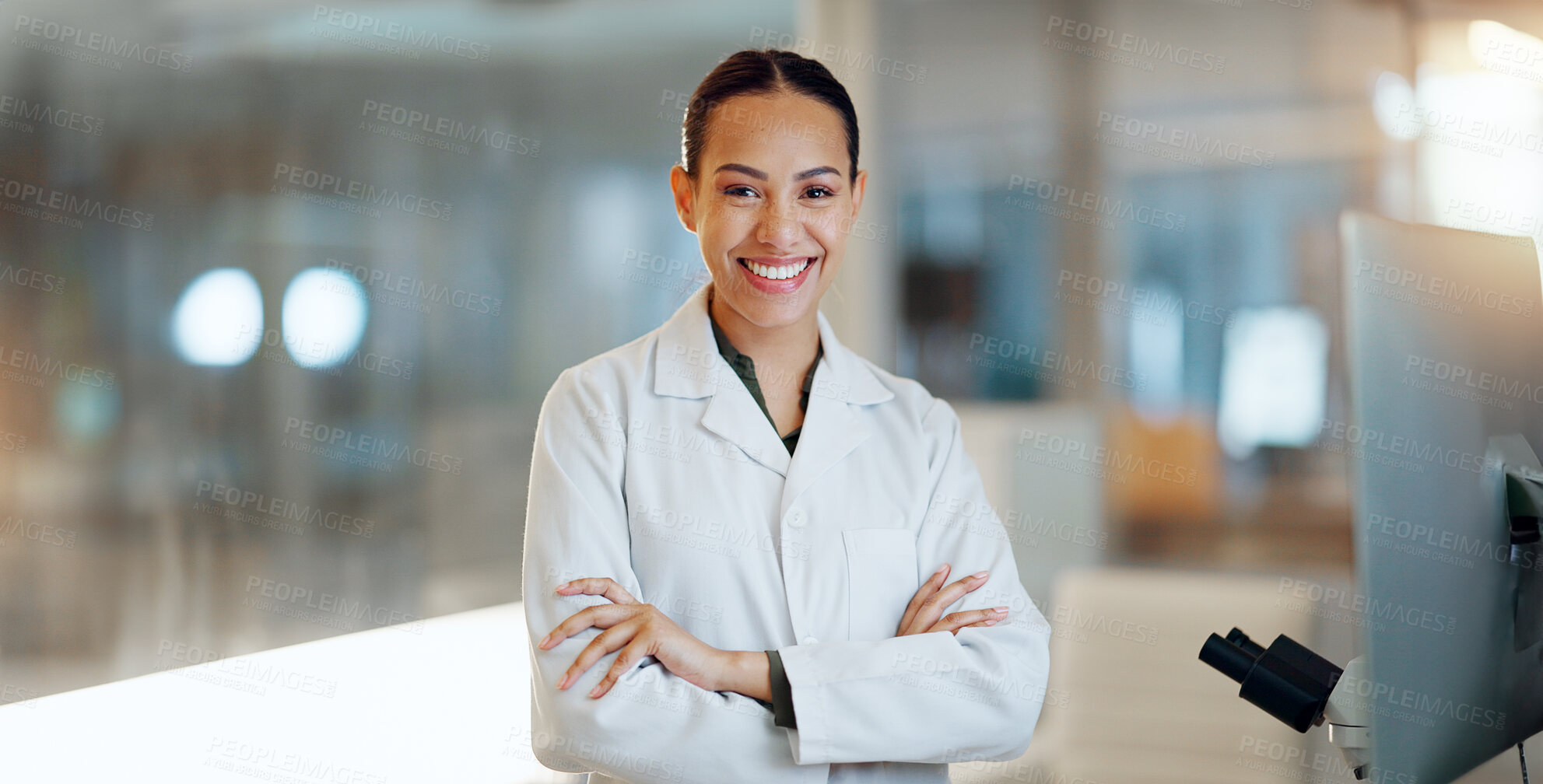 Buy stock photo Lab woman, arms crossed and scientist smile for job experience, medical research or pharma investigation. Portrait, laboratory study or professional person working on healthcare science development