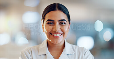 Lab face, science woman and happiness for chemistry development, medical innovation or scientific success. Laboratory portrait, job experience or scientist smile for healthcare support, help or study