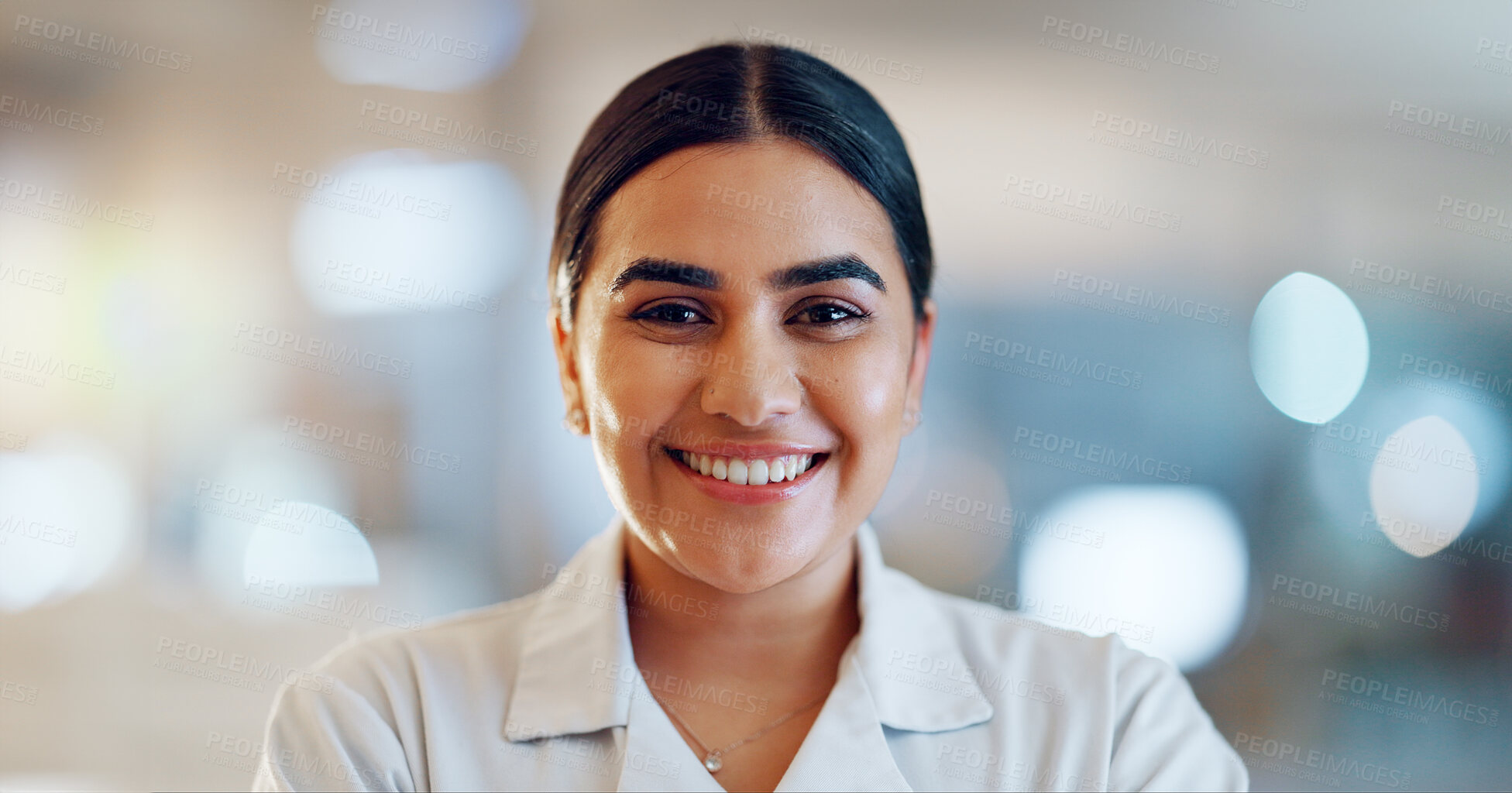 Buy stock photo Lab face, science woman and happiness for chemistry development, medical innovation or scientific success. Laboratory portrait, job experience or scientist smile for healthcare support, help or study