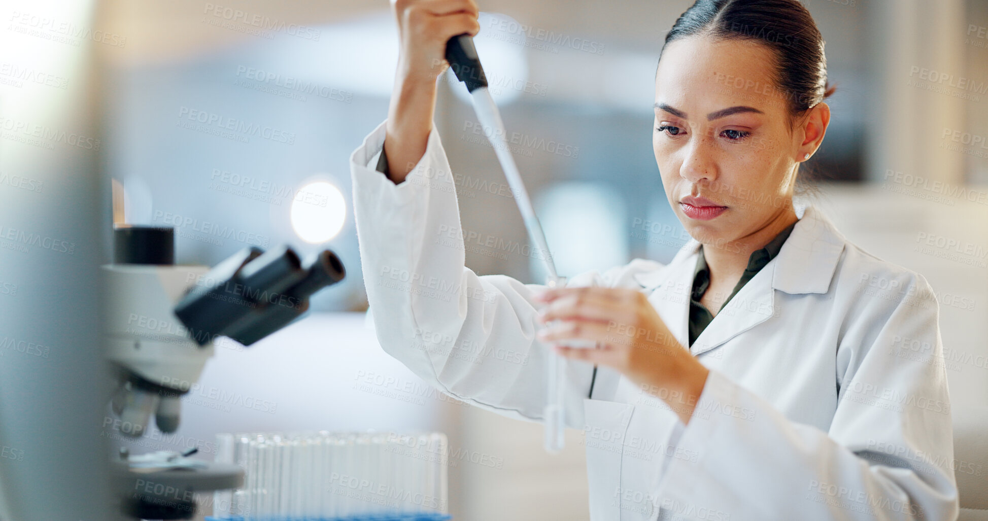 Buy stock photo Science, results and woman with pipette, test tube and microscope for biotech solution in laboratory. Medical research, scientist or lab technician in study for healthcare, medicine or vaccine test.