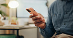 Typing, hand and person with a phone in an office for a search, online chat or email on a website. Communication, closeup and an employee with a mobile for a social media app, internet or connection