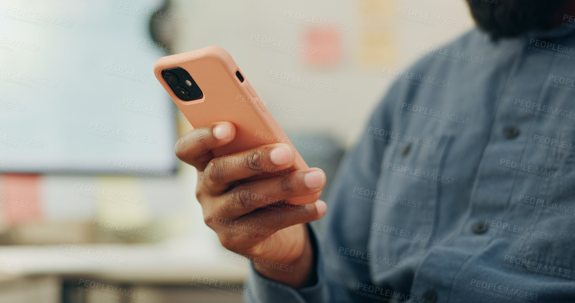 Buy stock photo Typing, hand and person with a phone in an office for a search, online chat or email on a website. Communication, closeup and an employee with a mobile for a social media app, internet or connection