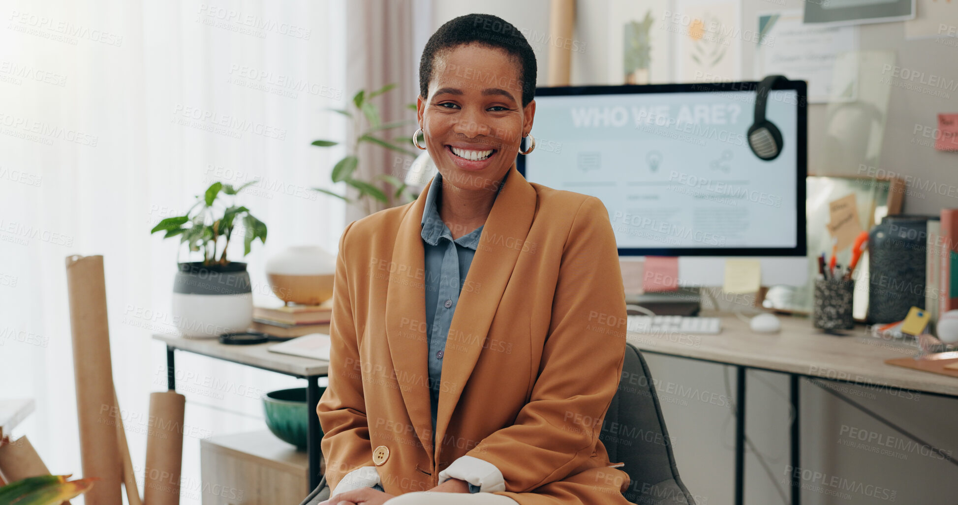 Buy stock photo Remote work, portrait and black woman at desk with computer, headphones and smile in home office. Freelance, internet and technology, online career with happy virtual assistant working in apartment.