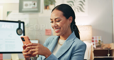Phone, text and business woman in office happy for social media, message or networking notification. Smartphone, app and female person smile for online, chat and web, alert and communication at work