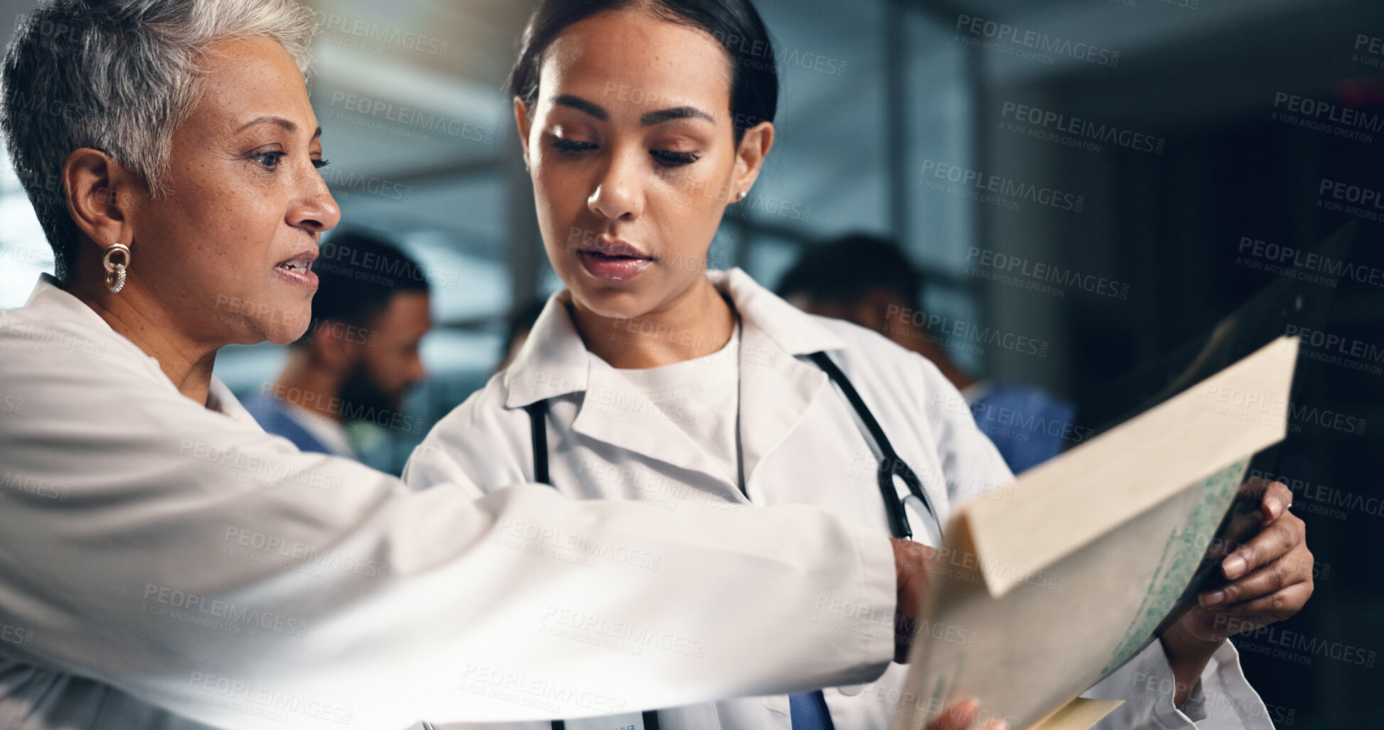 Buy stock photo Doctor, women together and tablet in night, documents or analysis for results, decision or info in hospital. Mature medic, partnership and paperwork for healthcare, wellness and planning with choice