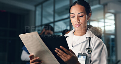 Doctor, woman and tablet with document, night and analysis for results, decision and info in hospital. Medic, digital touchscreen and paperwork for health, history and planning for thinking in clinic