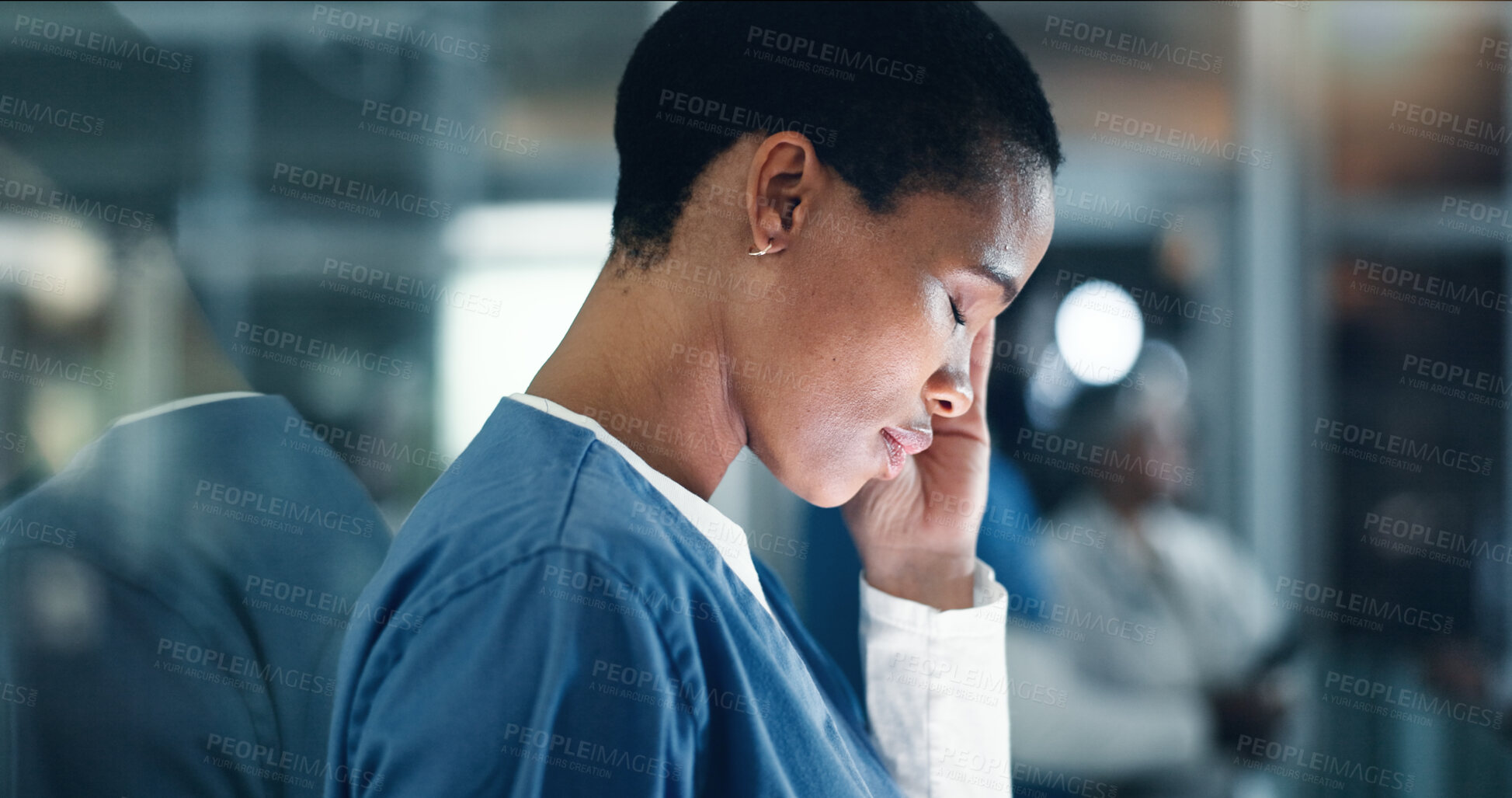 Buy stock photo Doctor, stress and black woman with headache, anxiety or neck pain while working in a hospital at night. Healthcare, anxiety and female nurse with burnout, vertigo or joint, fibromyalgia or tension