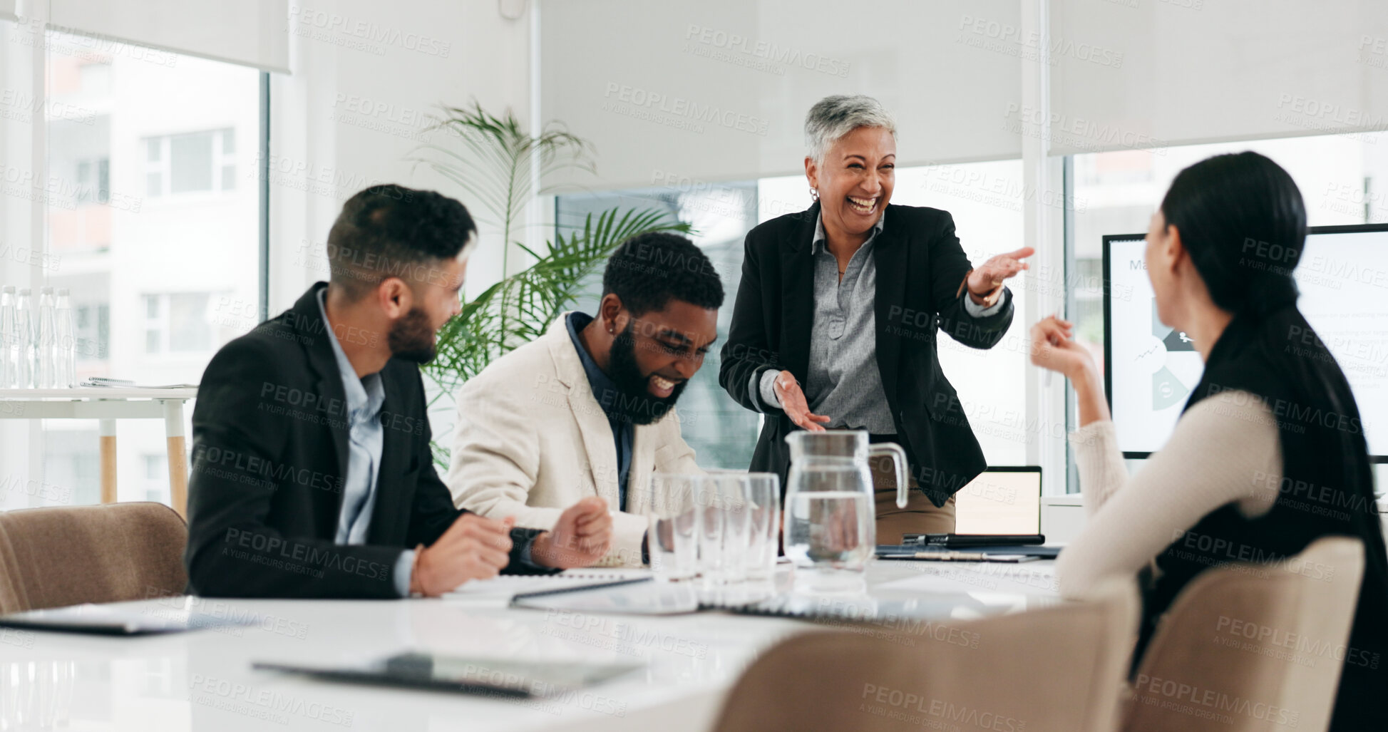 Buy stock photo Meeting, presentation and happy business people in office for planning, strategy and project ideas. Corporate agency, collaboration and team of men and women laugh for conversation and discussion