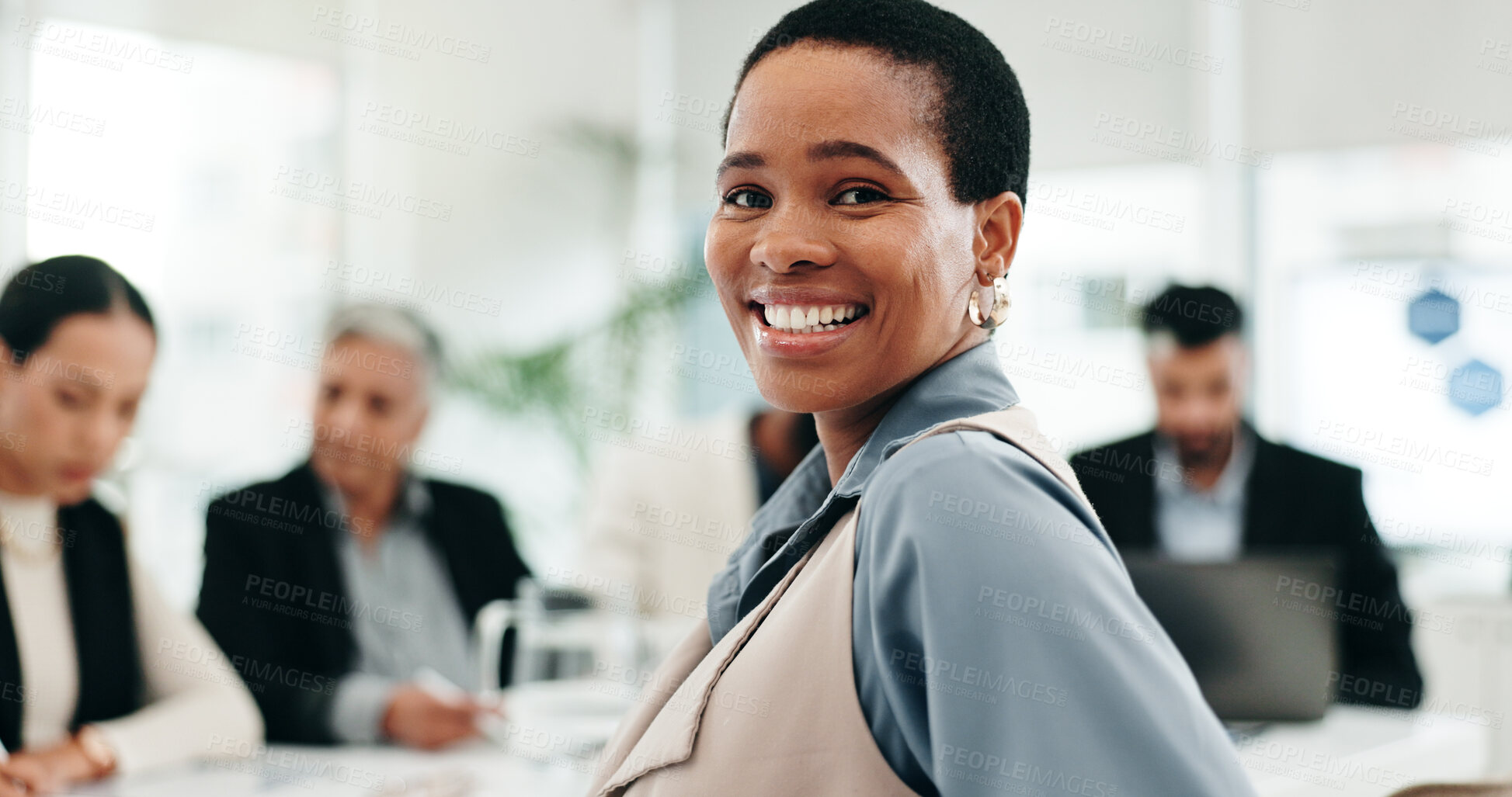 Buy stock photo Office, meeting and face of business black woman with team for planning, startup and collaboration. Corporate, career and portrait of happy worker with staff for discussion, feedback and presentation