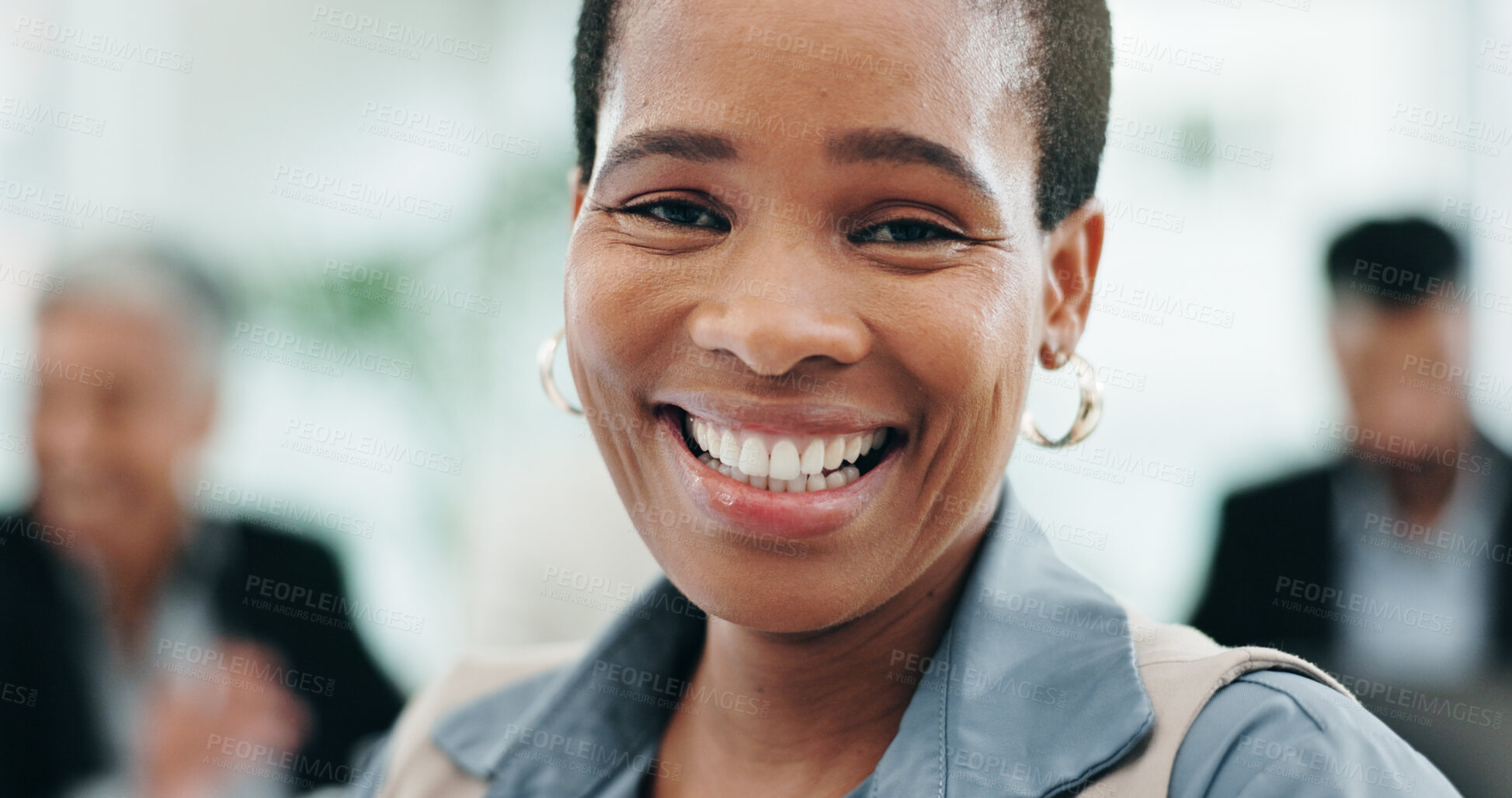 Buy stock photo Happy, meeting and face of business black woman in office with team for planning, startup and collaboration. Corporate, career and portrait of worker with staff for discussion, coworking and feedback