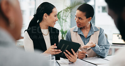 Business people, meeting or group with a tablet, teamwork or conversation with cooperation, budget planning or collaboration. Staff, manager or employee with tech, productivity, finance or accounting