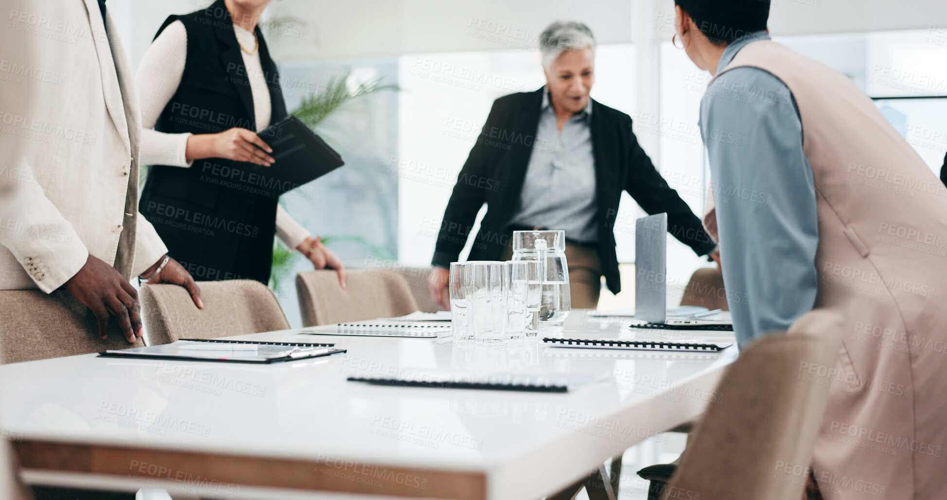 Buy stock photo Talking, morning and business people leaving meeting, team seminar or a break from a workshop. Smile, together and corporate employees speaking and walking from a conference or training in an office