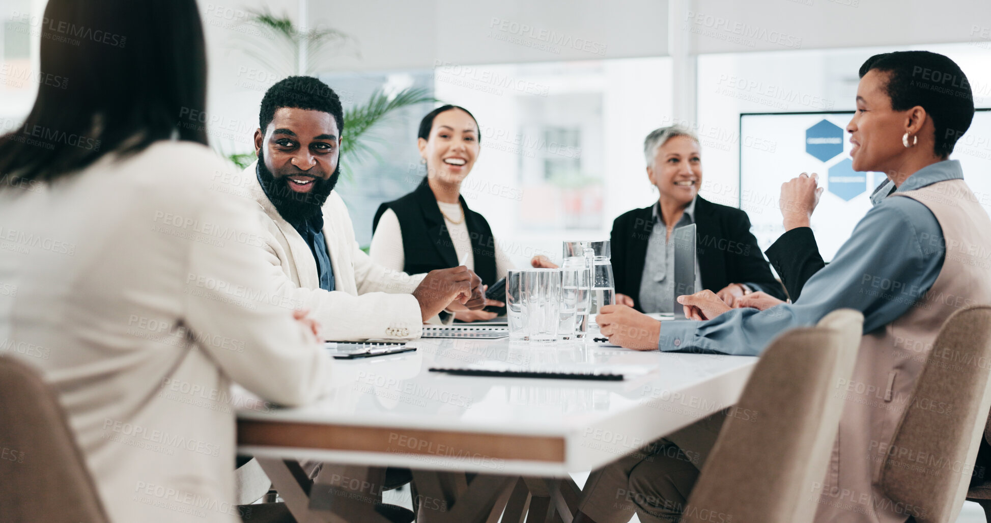 Buy stock photo Talking, morning and business people leaving meeting, team seminar or a break from a workshop. Smile, together and corporate employees speaking and walking from a conference or training in an office