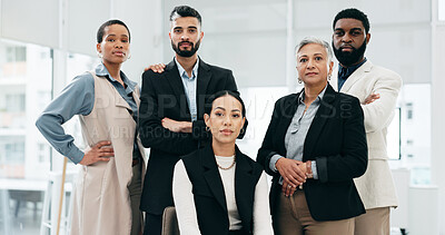 Face, business people and legal team in a workplace, law firm and career ambition with professionals, cooperation and serious. Portrait, diversity or lawyer group with support, solidarity and mission