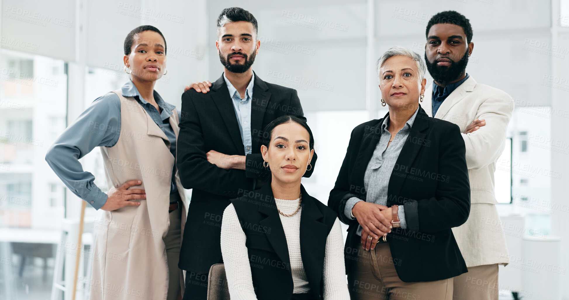 Buy stock photo Face, business people and legal team in a workplace, law firm and career ambition with professionals, cooperation and serious. Portrait, diversity or lawyer group with support, solidarity and mission