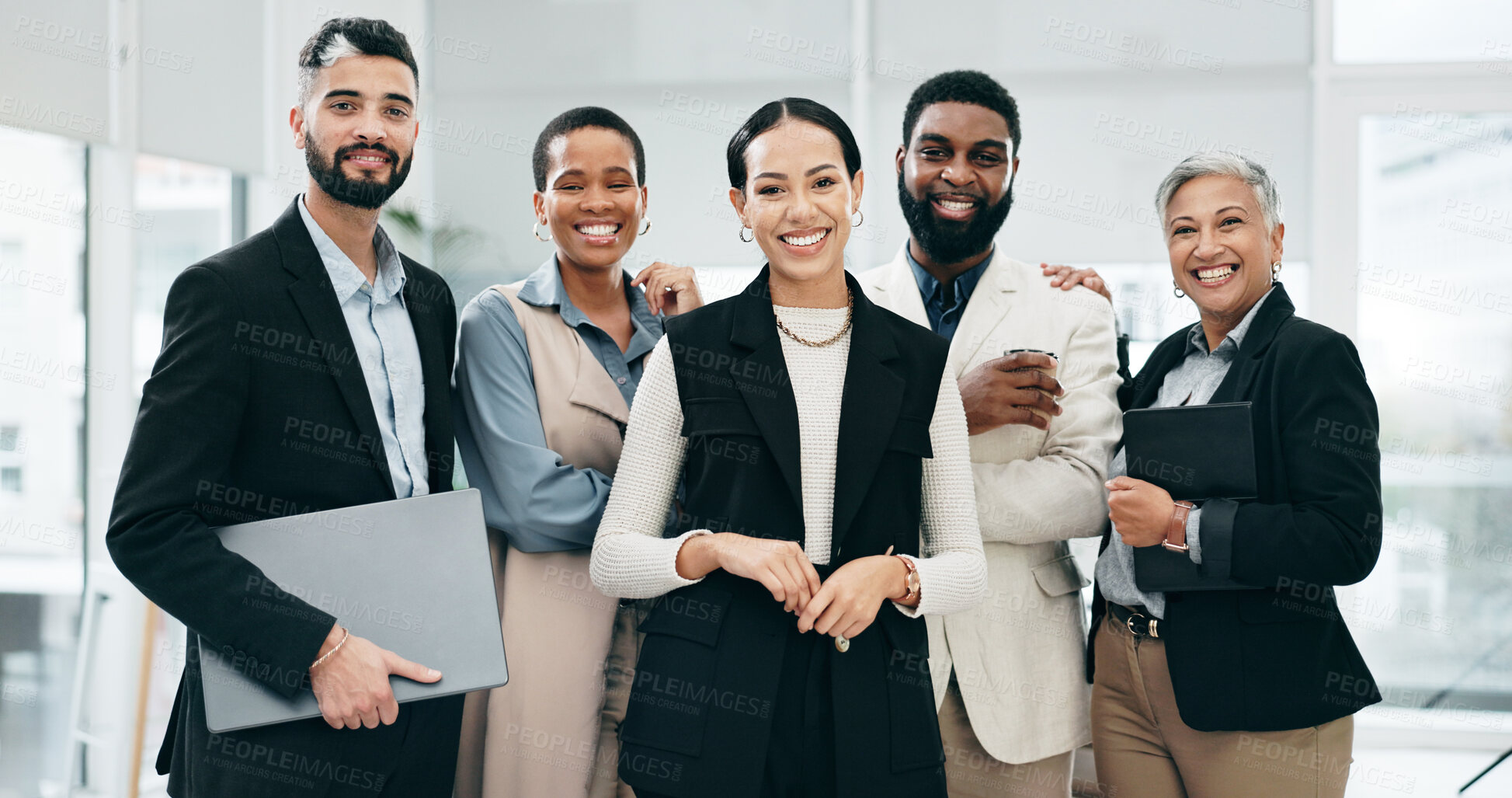 Buy stock photo Corporate, business people and face with management, teamwork and diversity in office. Collaboration, executive consultants and group portrait with leadership, solidarity and workforce confidence