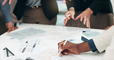 Business people, hands and paperwork busy with company information and project with chaos. Collaboration, office document and sales report of staff with teamwork, cooperation and planning with data
