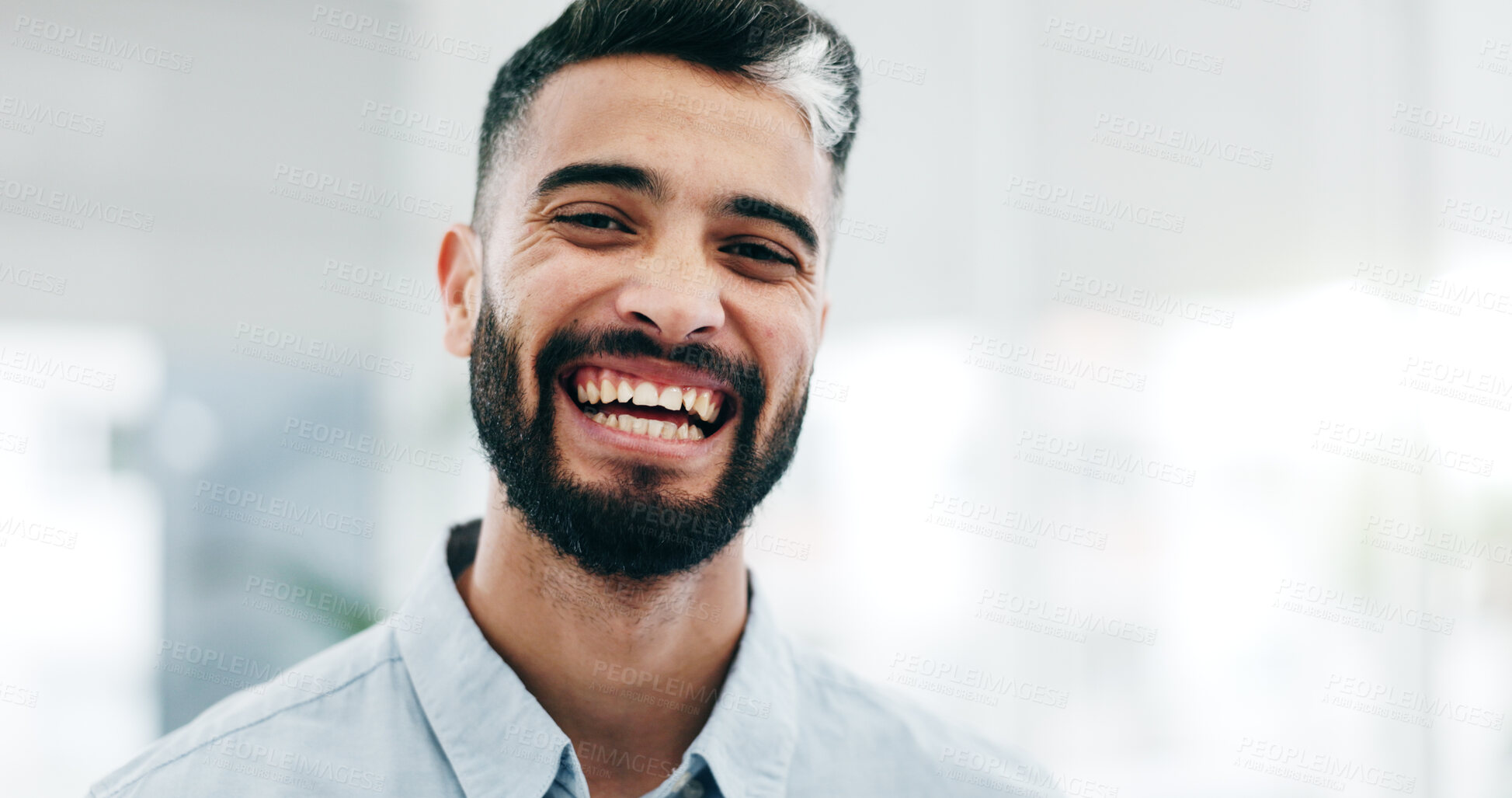 Buy stock photo Mature man, business professional and laughing face in a office with consultant manager confidence. Funny, comedy and happy male employee at a company with job at consultation agency with a smile