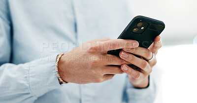 Business woman, hands and typing with smartphone for social network, mobile website and internet contact. Closeup, employee and scroll on cellphone, reading corporate news app and search information