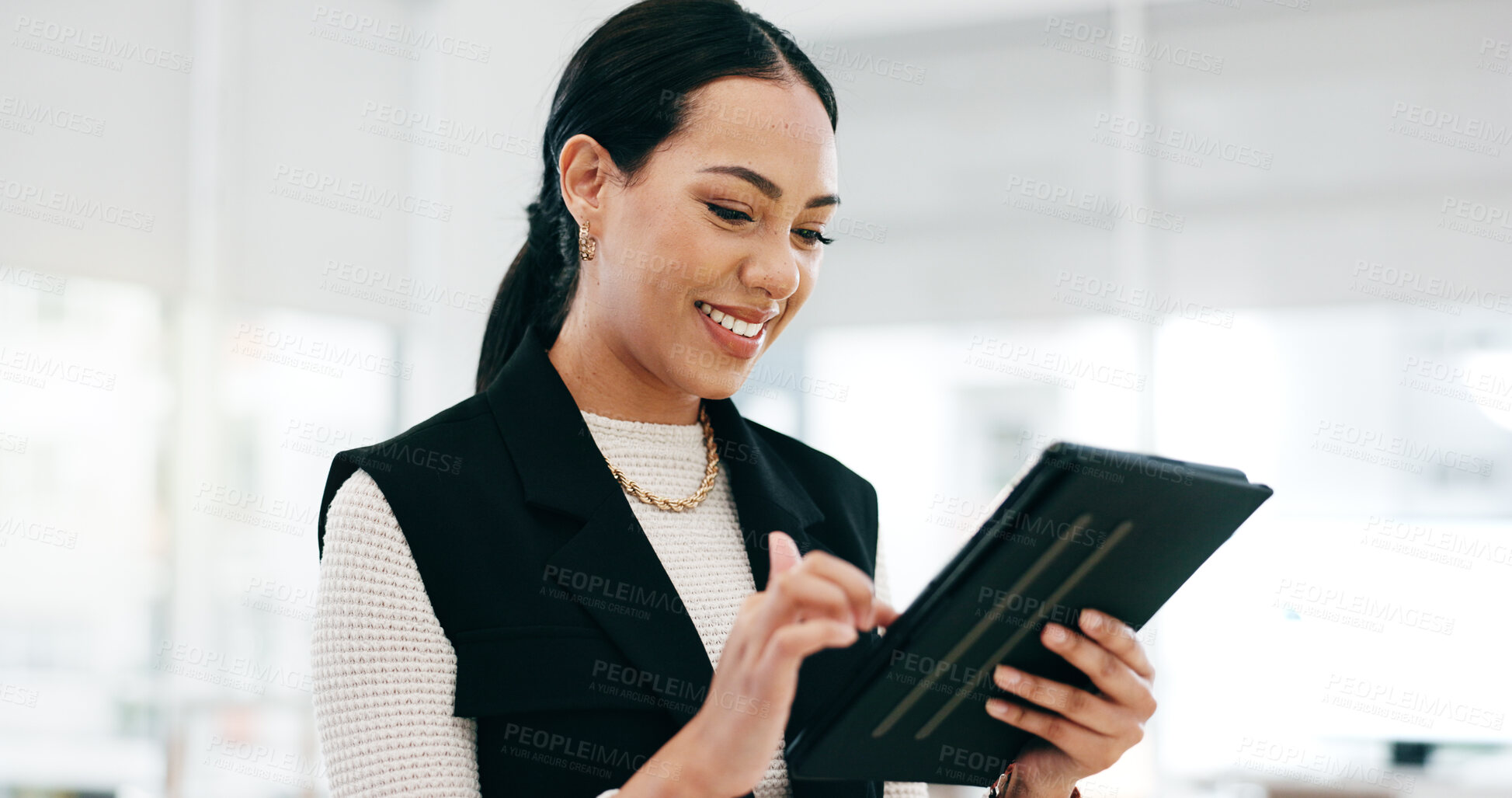 Buy stock photo Woman, tablet and smile in office for planning research, online report and business information. Happy employee scroll on digital technology for social network, update website data or analysis on app