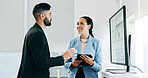 Data, presentation and business people with tablet in the office for project statistics planning, Discussion, technology and financial advisors analyzing finance graphs in collaboration at workplace.