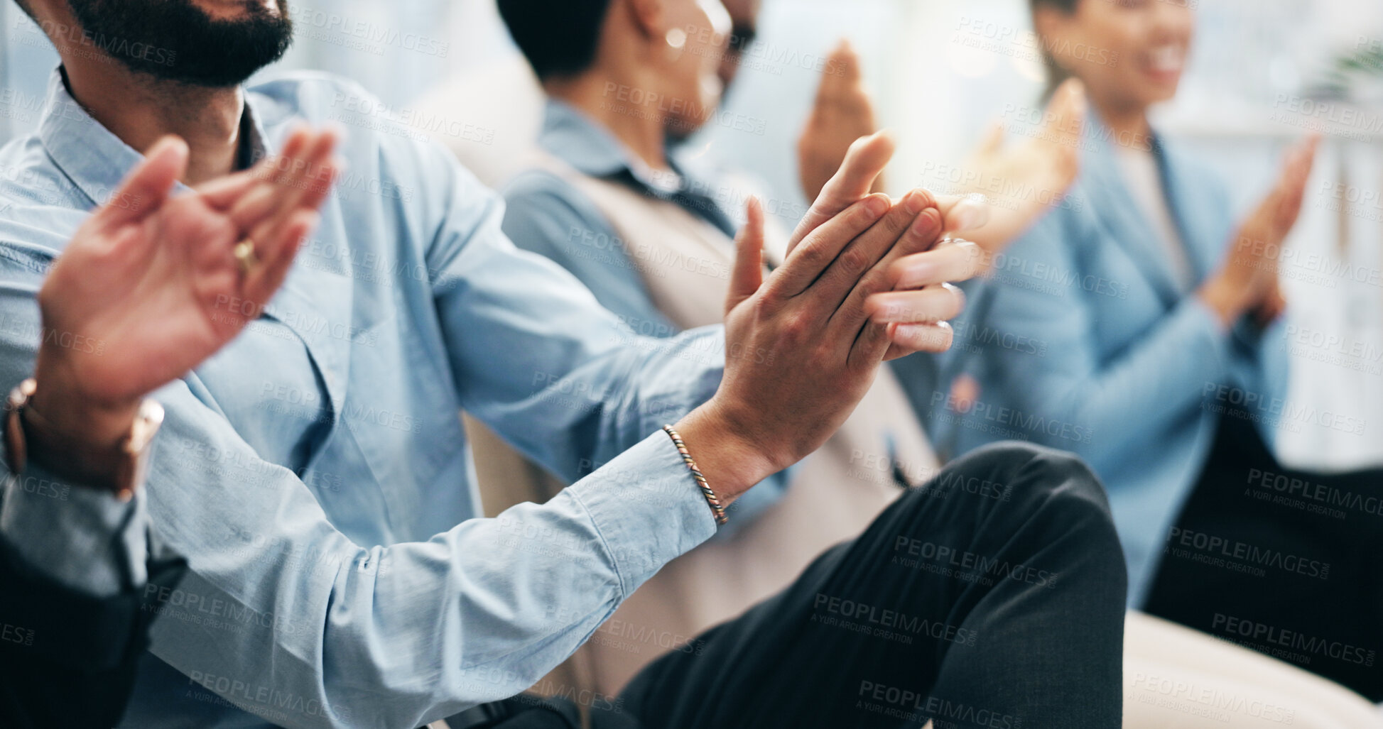 Buy stock photo Business people, hands and team applause in conference, tradeshow and achievement of success. Closeup of employees, audience and clapping in celebration, praise or winning award at seminar convention