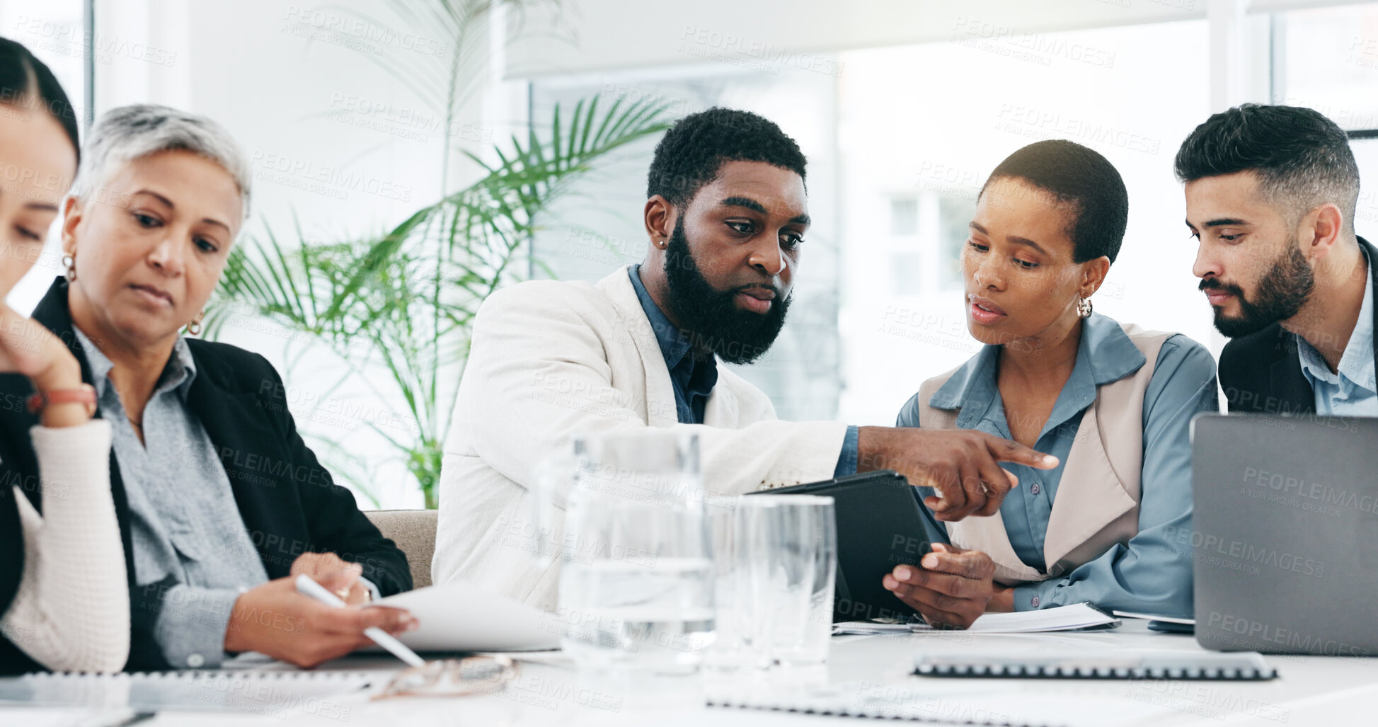 Buy stock photo Meeting, tablet and business people in office for discussion, marketing strategy and proposal. Corporate, collaboration and men and women planning, brainstorming ideas and working on digital tech