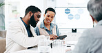 Meeting, tablet and business people in office for presentation, kpi analytics and project ideas. Corporate, collaboration and men and women talking, brainstorming solution and working on digital tech