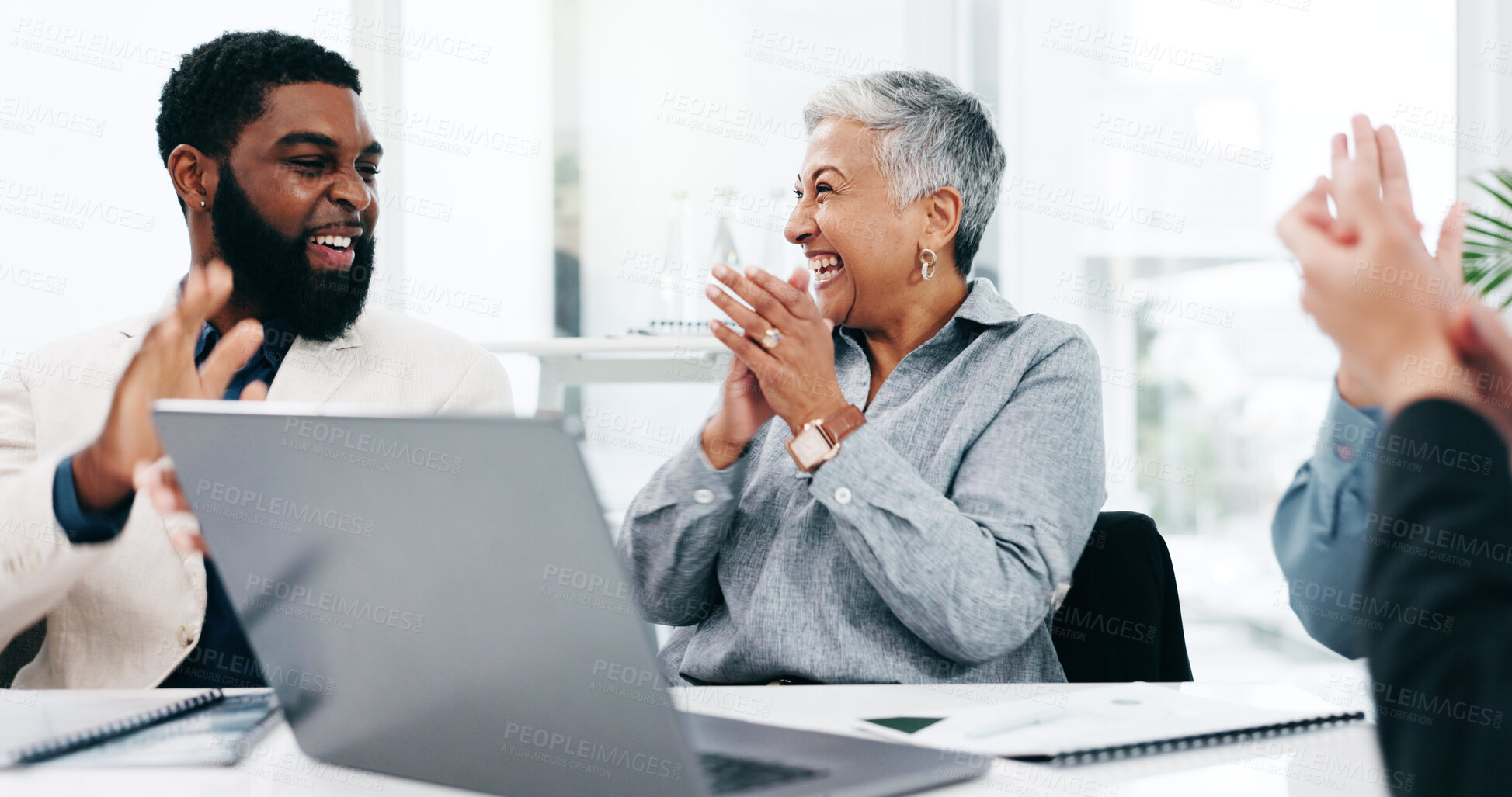 Buy stock photo Business people, team applause and high five in celebration of achievement, goal or success. Clapping, excited and group happy, victory target and congratulations to bonus promotion winner in office