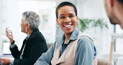 Business, black woman and talking to team in office for discussion, communication or conversation. Happy corporate employee, collaboration and meeting for feedback, planning project or chat boardroom