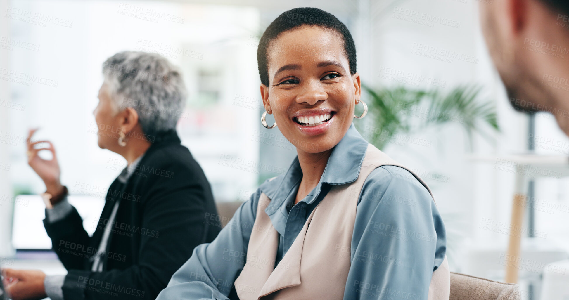 Buy stock photo Business, black woman and talking to team in office for discussion, communication or conversation. Happy corporate employee, collaboration and meeting for feedback, planning project or chat boardroom