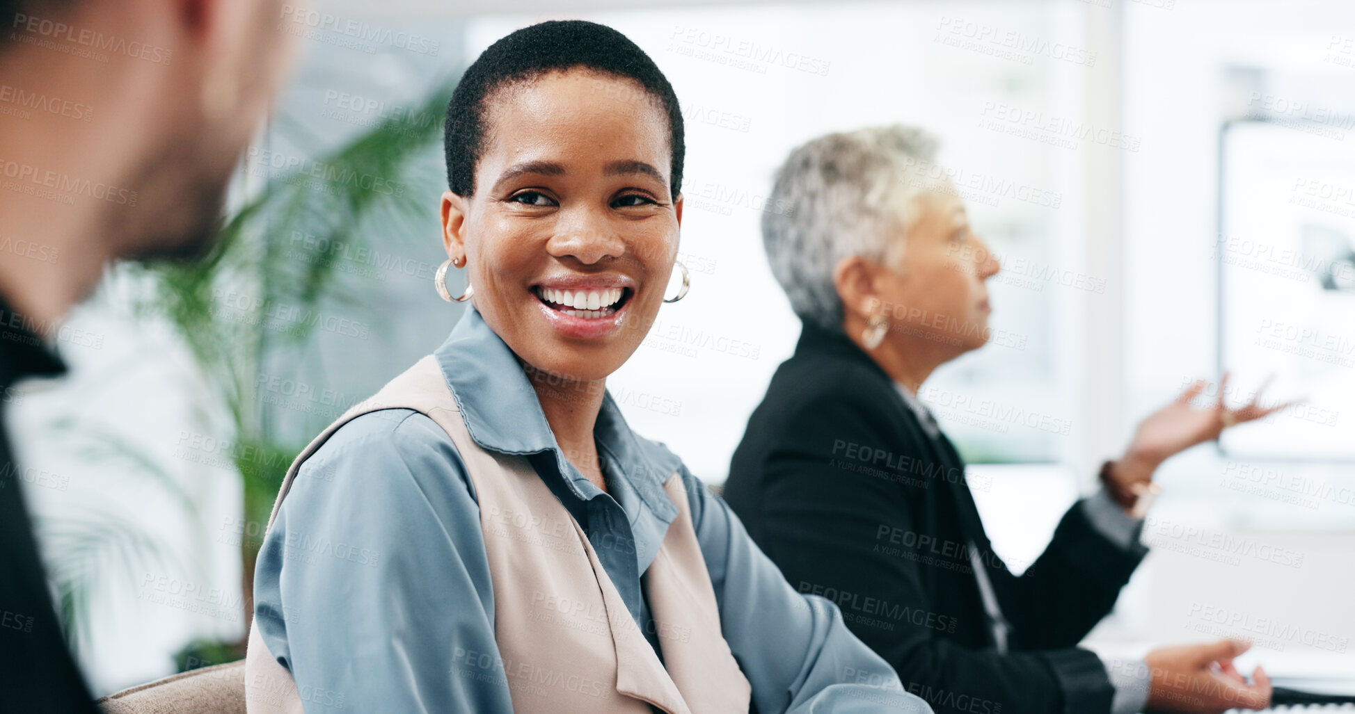 Buy stock photo Business, black woman and talking to team in office for discussion, communication or conversation. Happy corporate employee, collaboration and meeting for feedback, planning project or chat boardroom