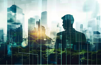 Businessman, CEO and abstract environmental mockup for investment, business and ecosystem. Head silhouette, double exposure effect and cityscape overlay backdrop for wallpaper or sustainable building